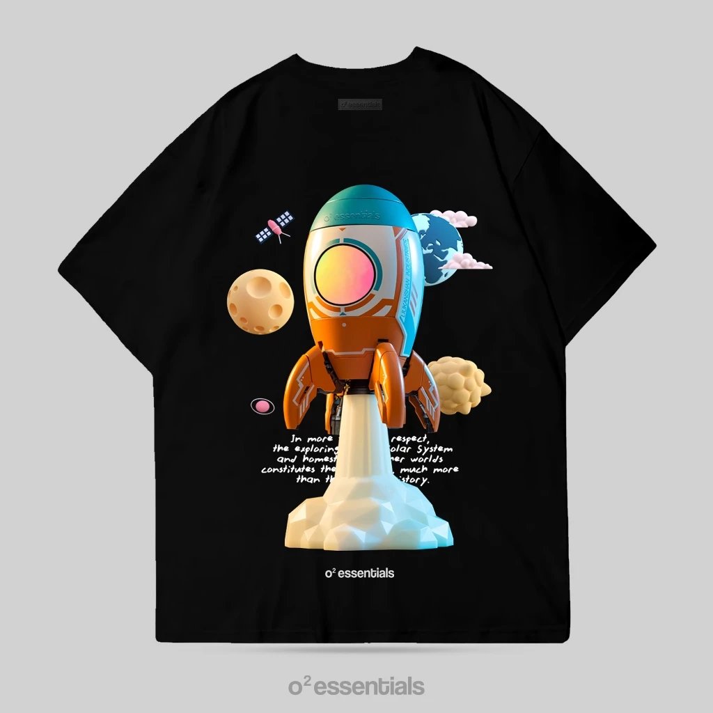 O2 Essentials Oversized T-Shirt – Flying Rocket Black back view thumbnail