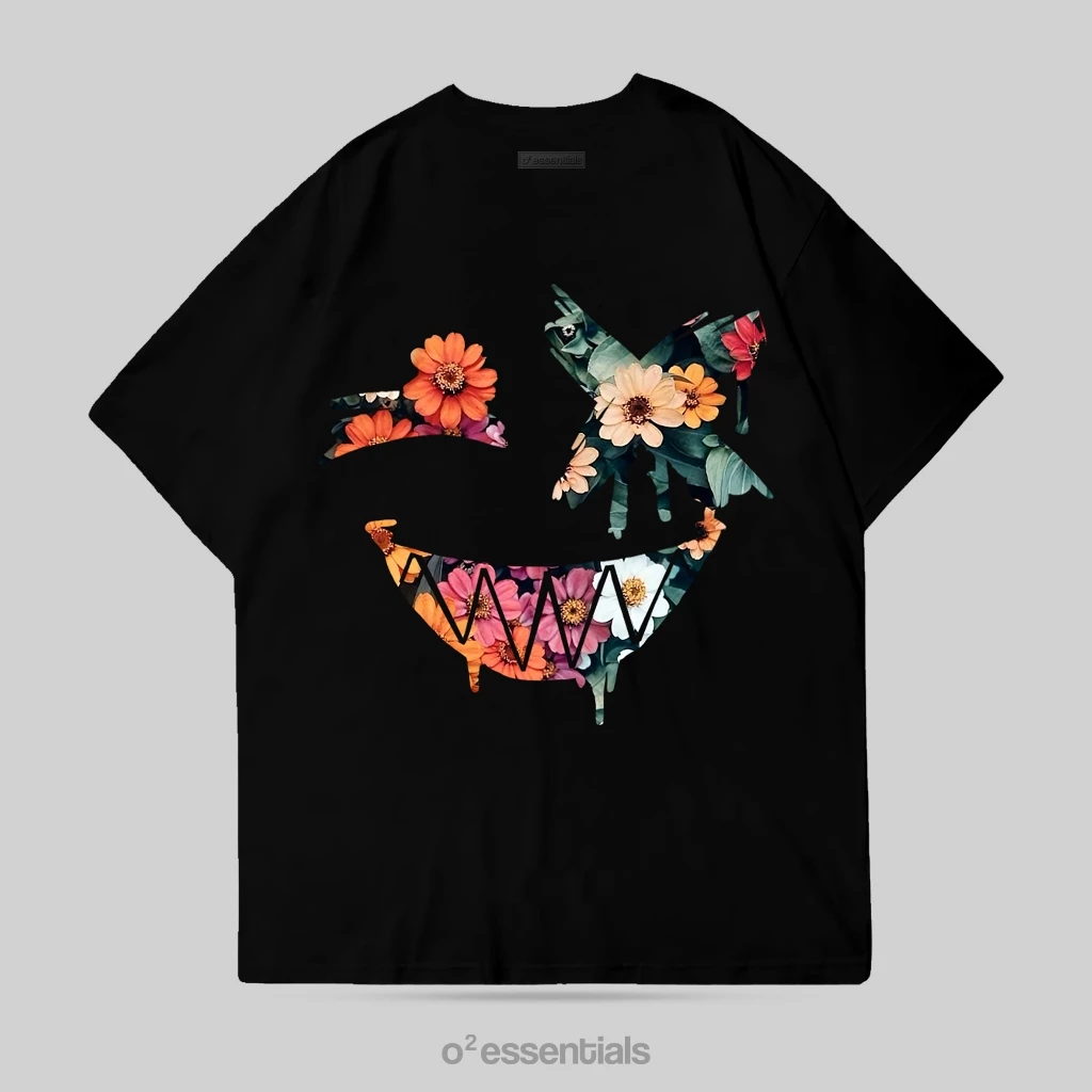 O2 Essentials Oversized T-Shirt – Smile Flower Black back view thumbnail