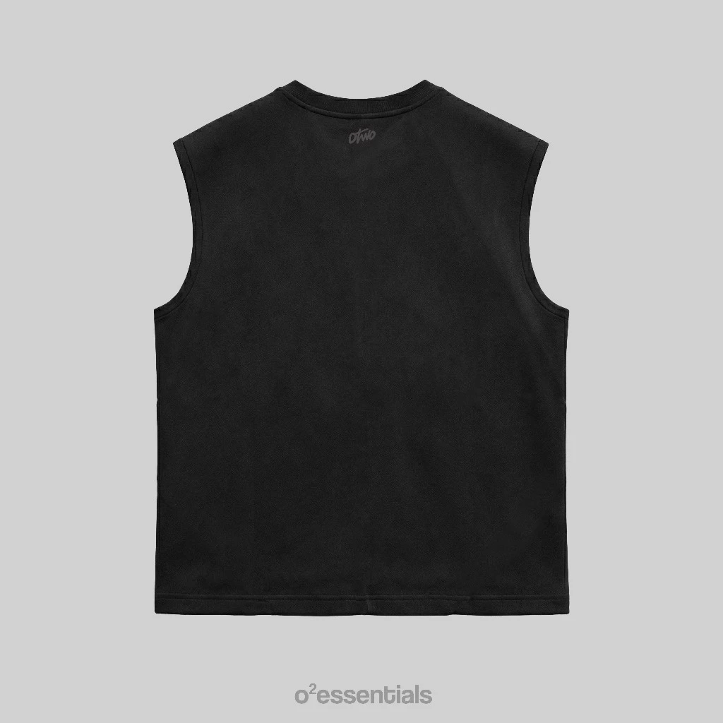 O2 Essentials Muscle Shirt – Oversized Cotton Combed Men's Singlet Black back view thumbnail