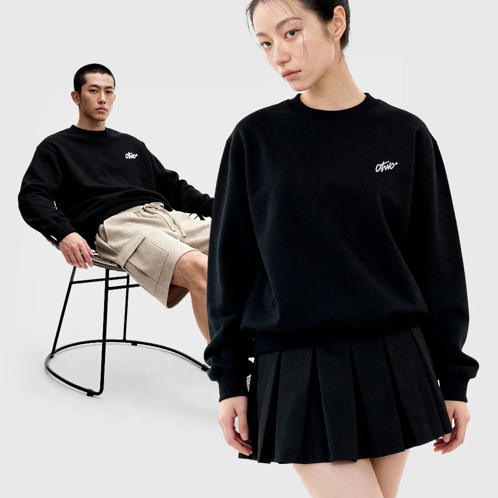 O2 Essentials Basic Sweater Crewneck Casual - Sweater Cotton Premium Unisex Hallo Black back view