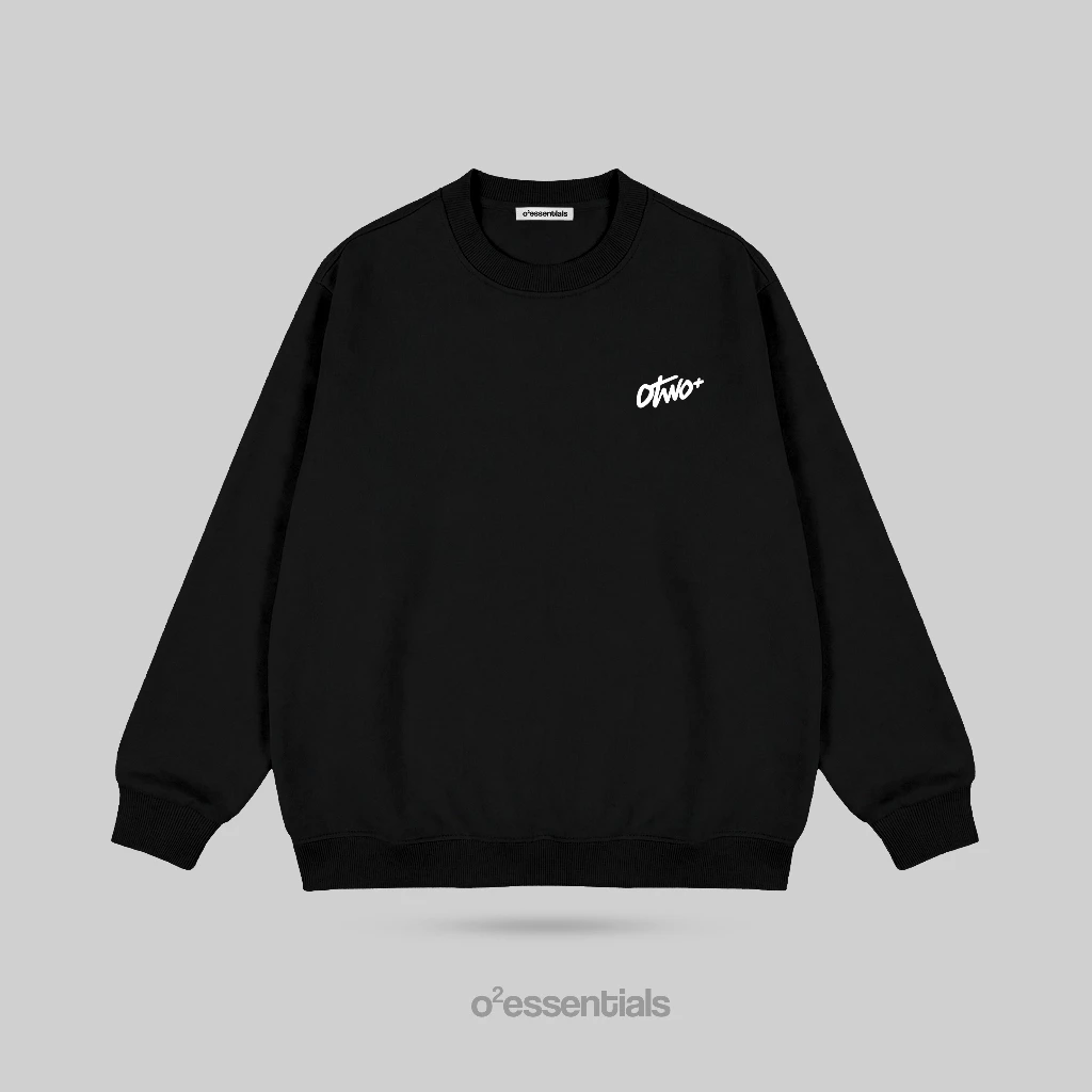 O2 Essentials Basic Sweater Crewneck Casual - Sweater Cotton Premium Unisex Hallo Black front view