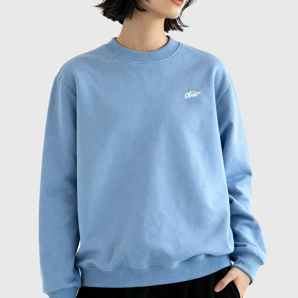 O2 Essentials Basic Sweater Crewneck Casual - Sweater Cotton Premium Unisex Hallo Blue back view thumbnail
