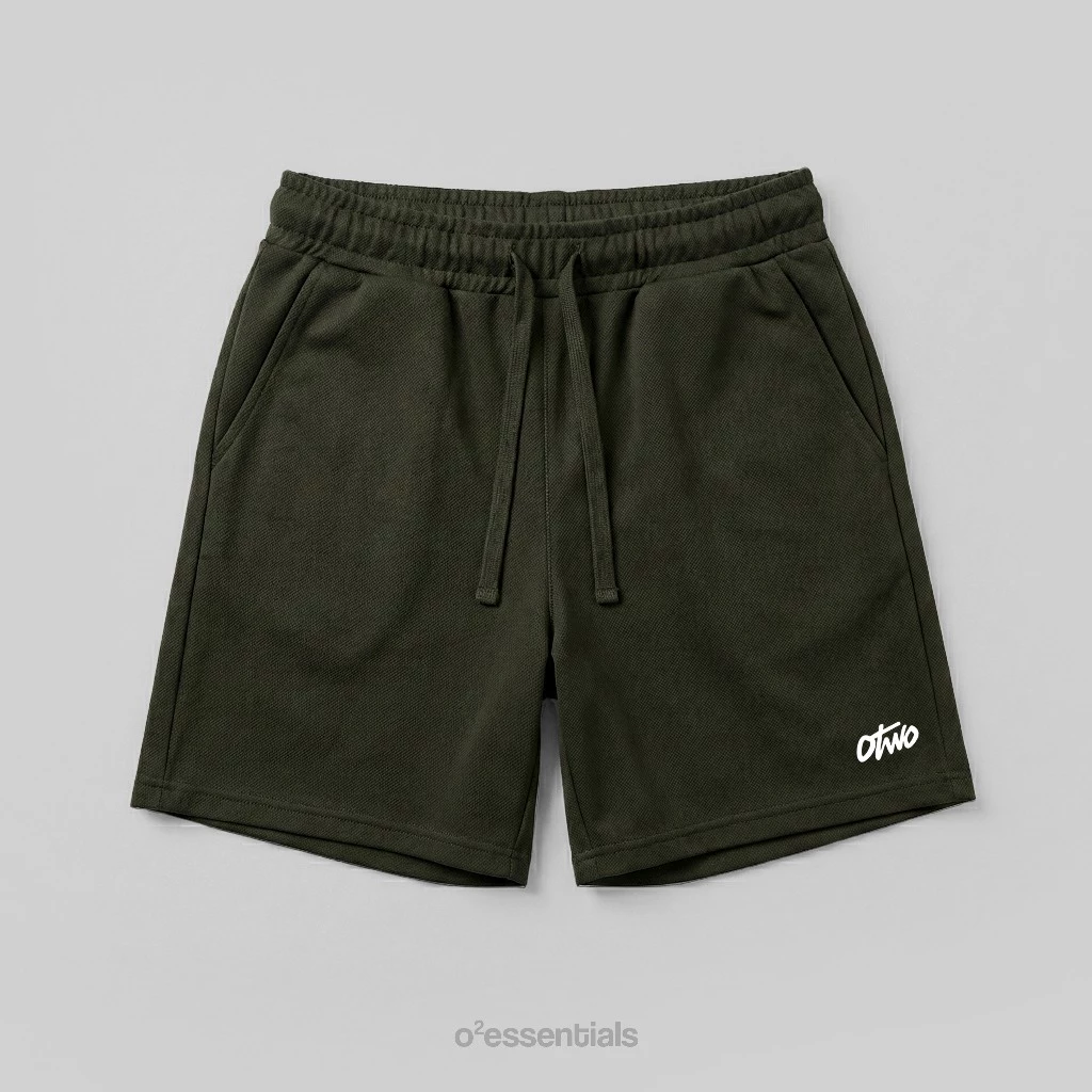 O2 Essentials Block Shorts – Short Pants Unisex Premium Twill Dark Olive front view thumbnail