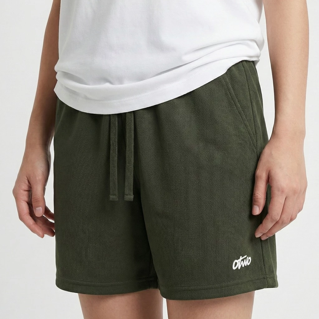 O2 Essentials Block Shorts – Short Pants Unisex Premium Twill Dark Olive back view thumbnail